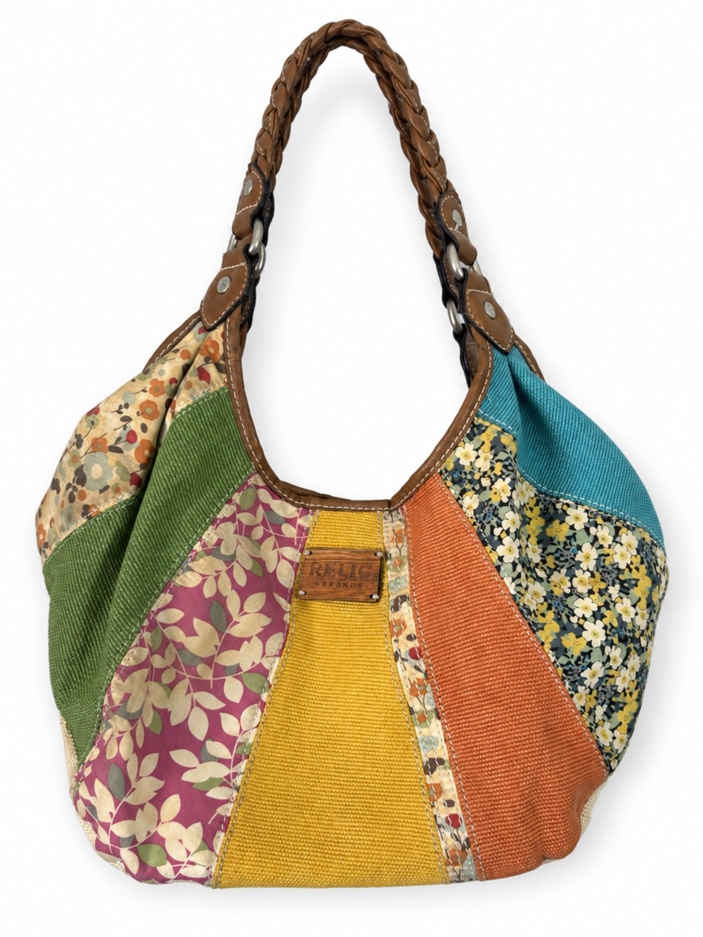 Y2K Relic Colourful Patchwork Woven Hobo Shoulder Bag Faux Leather brown floral